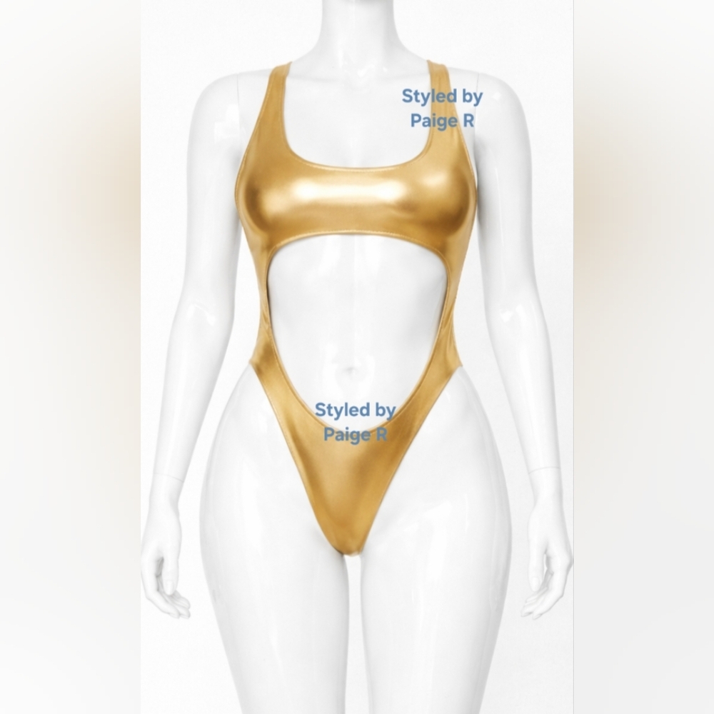 💕NWT SKIMS Sexy Metallic Cut Out Monokini 1 One Piece Swimsuit GOLD 2X